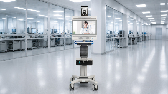 Telemedicine medical cart with integrated display and camera in a modern clinical room from iTD