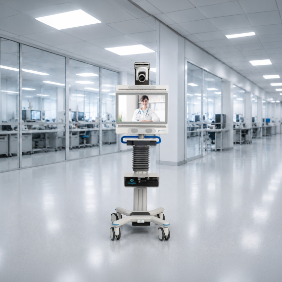 Telemedicine medical cart with integrated display and camera in a modern clinical room from iTD
