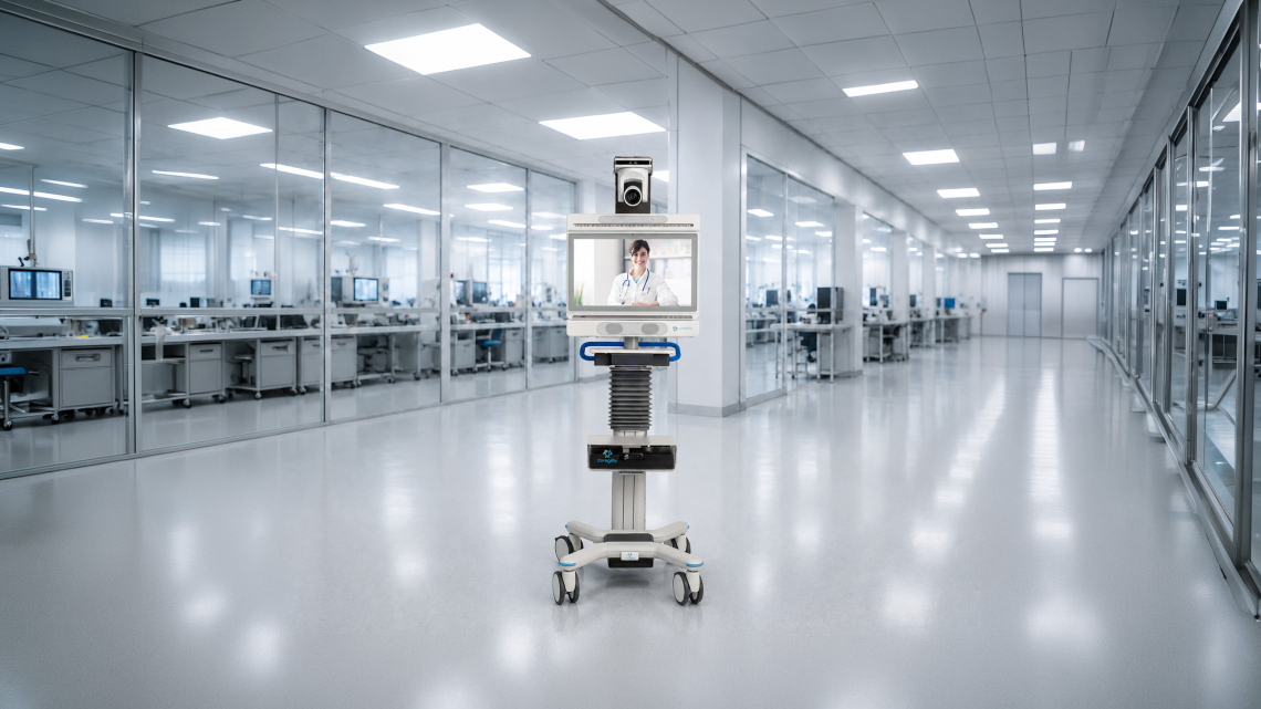 Telemedicine medical cart with integrated display and camera in a modern clinical room from iTD